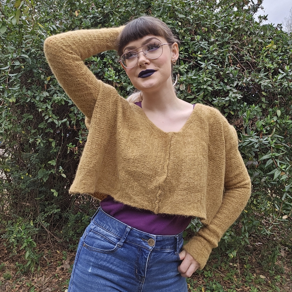 Free People Cropped Popcorn Mustard Yellow Sweater Alpaca / Nylon Blend - Picture 11 of 14